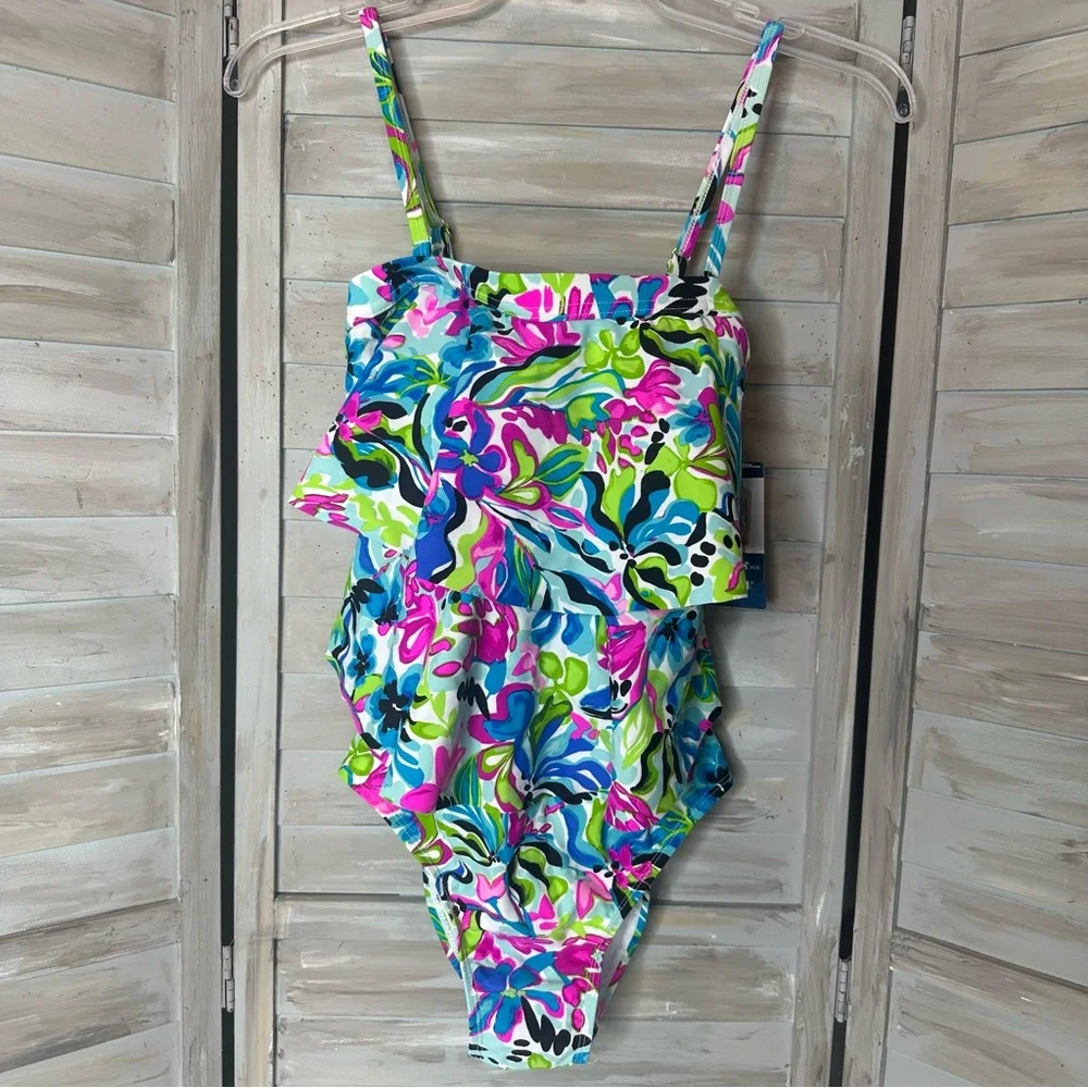 Caribbean Joe tiered bandeau floral 1 piece swimsuit removable straps Small NWT